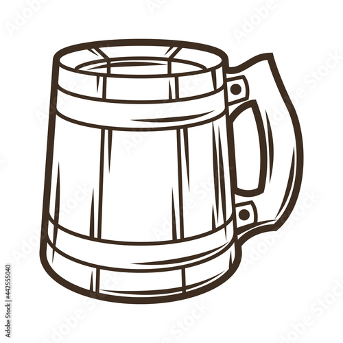 Illustration of wood mug with beer. Object in engraving hand drawn style. Old element for beer festival or Oktoberfest.