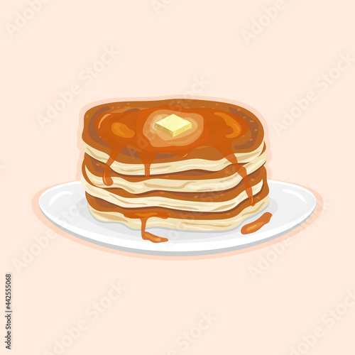 Delicious american pancakes for breakfast with butter and honey on a white plate on a light background