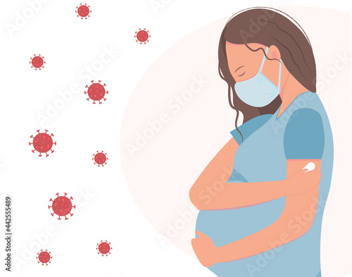 Pregnant woman in medical mask after vaccination, vaccination for pregnant, healthcare concept, medicine concept