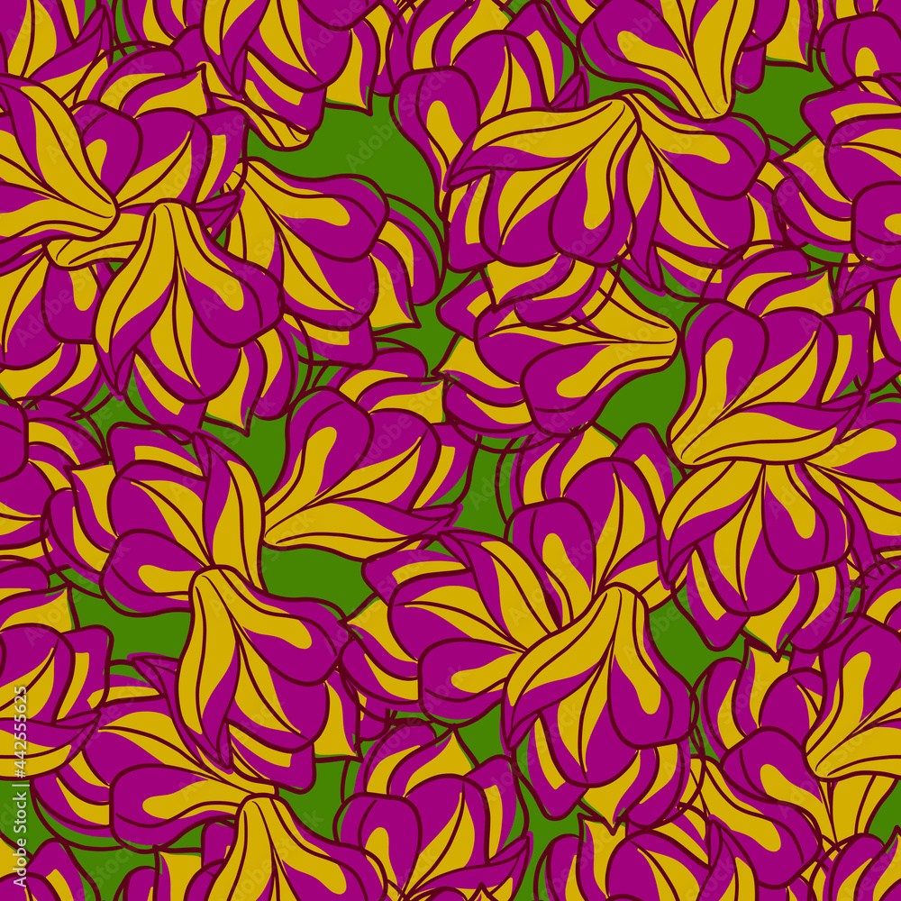 Bloom seamless pattern with yellow and purple colored magnolia flowers print. Green background. Bloom seamless pattern with yellow and purple colored magnolia flowers print. Green background.
