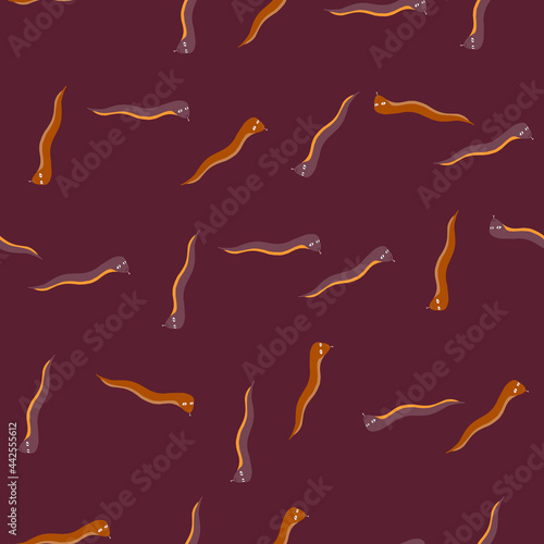Doodle seamless pattern woth random worms ornament. Maroon background. Random organic print.