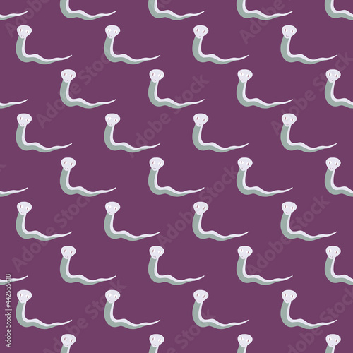 Abstract blue simple snakes silhouettes seamless pattern in hand drawn style. Purple background.