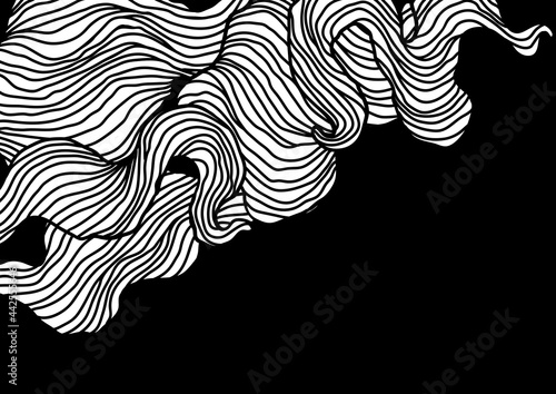 Background with wave line curls. Monochrome stripes black and white texture. Wavy abstract hair.