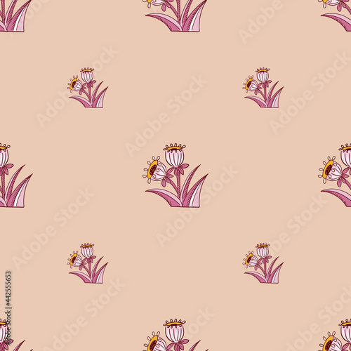 Spring bloom style seamless pattern with minimalistic bell flowers print. Pink pastel colored artwork.