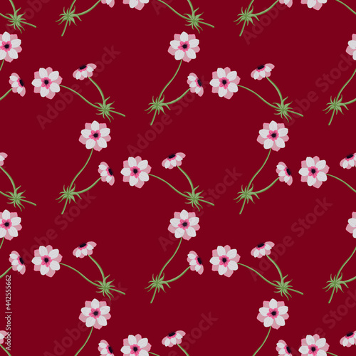 Pink colored anemone flower elements seamless pattern. Dark red-maroon background. Vintage style. © Lidok_L