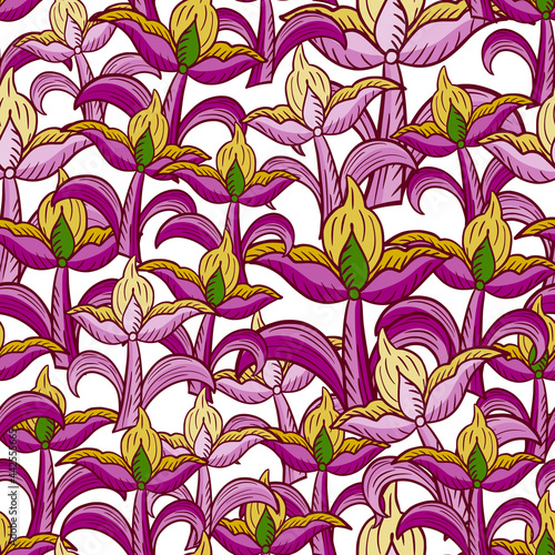 Purple and yellow colored tulip flowers shapes seamless pattern. Isolated decorative print. White background.