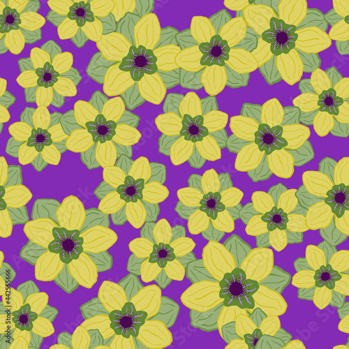 Vintage style seamless pattern with random green anemone buds flower elements. Purple bright background.