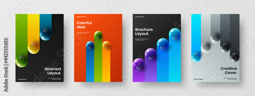 Creative annual report design vector layout composition. Original realistic balls cover illustration set.