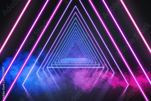 3d render, ultraviolet neon triangular portal, glowing lines, tunnel, corridor, virtual reality, abstract fashion background, violet neon lights, arch, pink blue triangle, spectrum, laser show © Igor Link