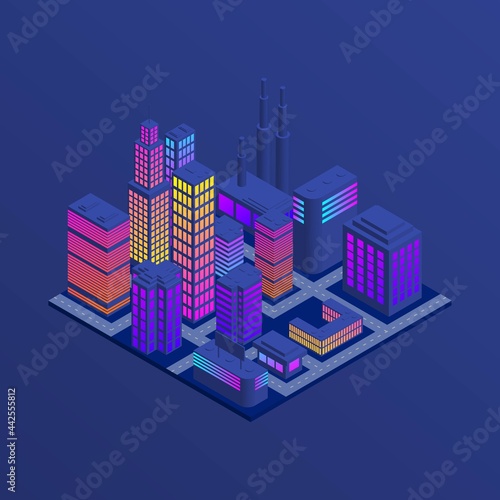 Isometric neon city illustration. Tall colorful modern buildings.