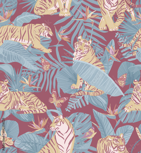 Tiger in tropical forest/jungle with butterfly, orchid flowers and palm leaves. Seamless pattern with vintage color. Vector Illustration