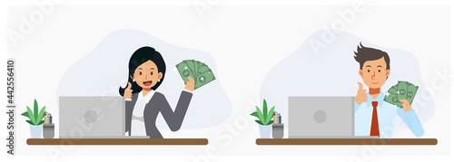 Man and woman are showing cash of dollars and thumb up. make money online concept,success.Flat vector cartoon character illustration.