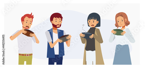 Set of men and women holding empty wallets.Financial problems, crisis, unemployment, poverty, bankruptcy.Flat vector cartoon character illustration.