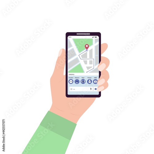 Plogging app interface on the mobile phone screen. Jogging map, distance, number of steps, and number of pickups. The vector illustration of the activity dashboard on a smartphone during the plogging.