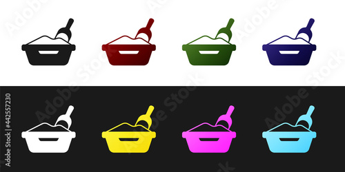Set Cat litter tray with shovel icon isolated on black and white background. Sandbox cat with shovel. Vector
