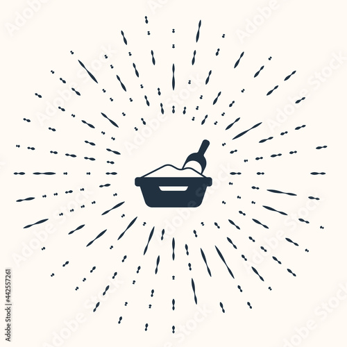 Grey Cat litter tray with shovel icon isolated on beige background. Sandbox cat with shovel. Abstract circle random dots. Vector