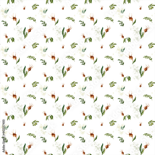 Beautiful watercolor floral seamless pattern with brown rosehips, green leaves, and watercolor splashes on the white background. Rustic hand-drawn nature ornament for wrapping paper, fabric, paper for © Anna Banani
