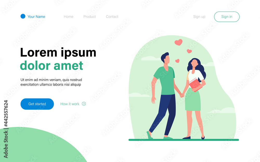 Young couple standing and holding hands. Heart, girlfriend, boyfriend flat vector illustration. Love and relationship concept for banner, website design or landing web page