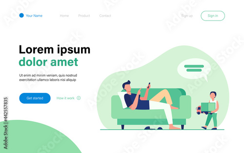 Father lying on sofa and listening son with toy. Child, truck, speech bubble flat vector illustration. Communication and parenthood concept for banner, website design or landing web page