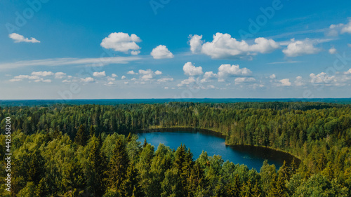 clouds over a small forest lake from a bird s eye view