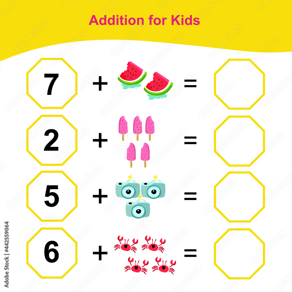 Counting Addition Game for Preschool Children. Educational printable math worksheet. Additional math for kids. This worksheet is suitable for educating preschool kids on how to count well. Counting Addition Game for Preschool Children. Educational printable math worksheet. Additional math for kids. This worksheet is suitable for educating preschool kids on how to count well.