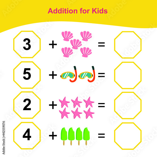 Counting Addition Game for Preschool Children. Educational printable math worksheet. Additional math for kids. This worksheet is suitable for educating preschool kids on how to count well.