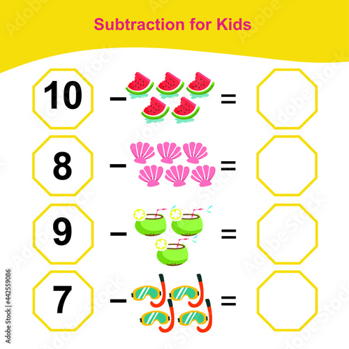 Counting Subtraction Game for Preschool Children. Educational printable math worksheet. Additional math for kids. This worksheet is suitable for educating preschool kids on how to count well.