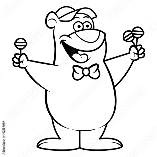 Black and white cartoon illustration of Bear wearing hat and bowtie peddle a candy on the street, suitable for coloring book of children with snack themes