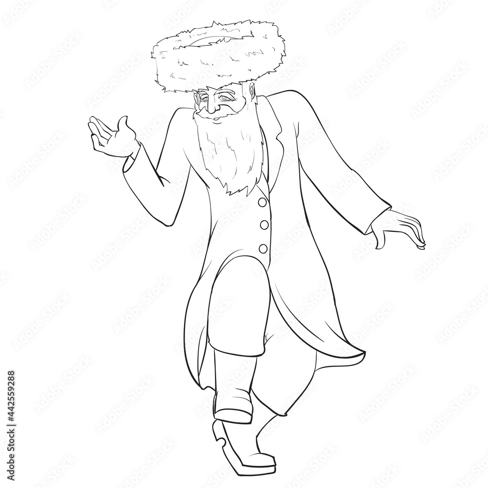sketch, a Jew in a Hasidic hat dances cheerfully and rejoices, coloring book, isolated object on a white background, vector illustration, sketch, a Jew in a Hasidic hat dances cheerfully and rejoices, coloring book, isolated object on a white background, vector illustration,