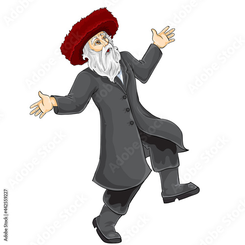 jew in hasidic hat dancing and rejoicing at something, isolated object on white background, vector illustration, photo