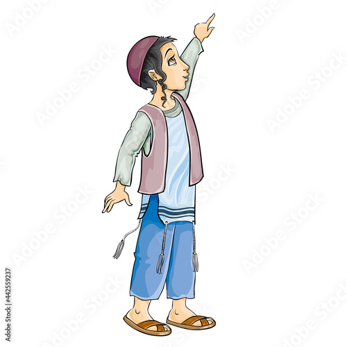 jewish boy in a kippah with dogs and tzitzit brushes pulls his hand up, isolated object on a white background, vector illustration,