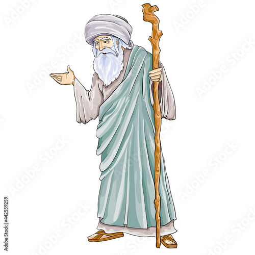 ancient jewish sage with staff, isolated object on white background, vector illustration,