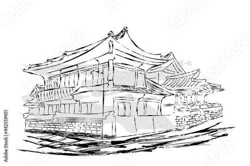 Traditional korea building or korea village hand drawing isolated on white background.
