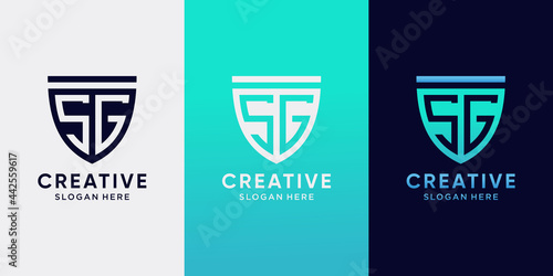 Creative monogram logo design initial letter SG with line art style and shield concept
