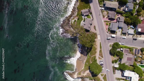 Coastal town Drone footage. Epic aerial coastal view of cliffs, ocean, waves of California.