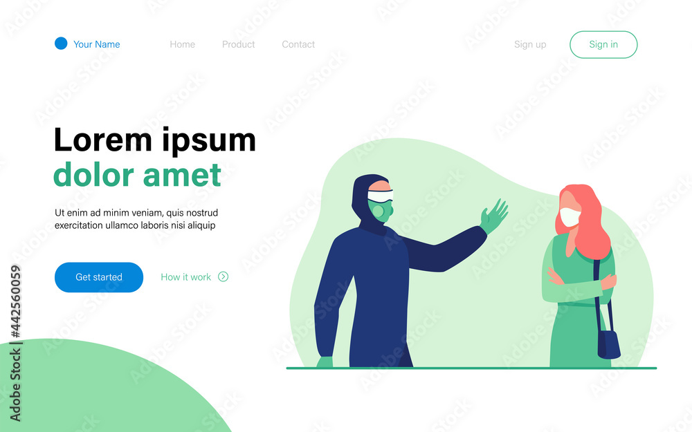 Person in protective costume waving to woman in mask. Respirator, coronavirus, protection flat vector illustration. Pandemic and prevention concept for banner, website design or landing web page Person in protective costume waving to woman in mask. Respirator, coronavirus, protection flat vector illustration. Pandemic and prevention concept for banner, website design or landing web page
