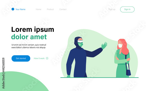 Person in protective costume waving to woman in mask. Respirator, coronavirus, protection flat vector illustration. Pandemic and prevention concept for banner, website design or landing web page
