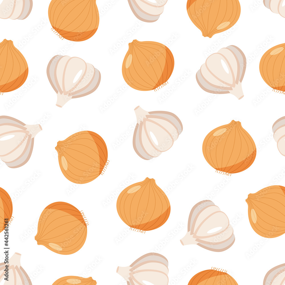 Seamless pattern with onion and garlic head, vector illustration of healthy vegetables, seasoning for dishes. Seamless pattern with onion and garlic head, vector illustration of healthy vegetables, seasoning for dishes.
