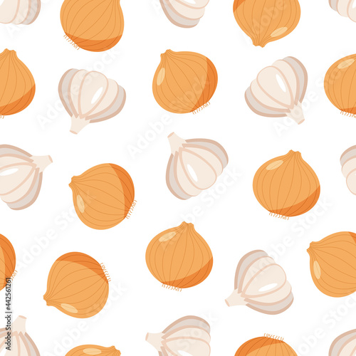 Seamless pattern with onion and garlic head, vector illustration of healthy vegetables, seasoning for dishes.