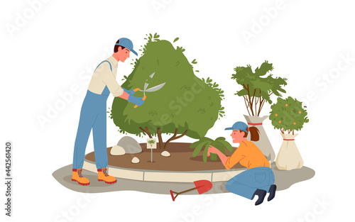 Cartoon young man woman gardener characters working and gardening, holding garden tools scissors shovel, tree sapling background. People work in summer forest or park, grow plants vector illustration