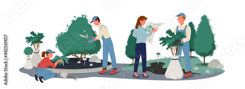 Gardener characters working and gardening, holding garden tools scissors shovel, tree sapling. People work in summer forest or park, grow plants vector illustration