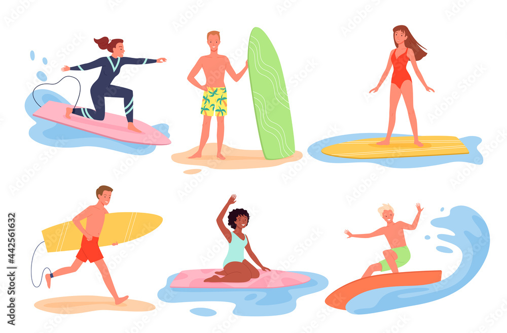 Cartoon young man woman characters in bikini surfing on surfboards, float on ocean wave, summertime cruise collection. Surfer people surf on summer sea beach