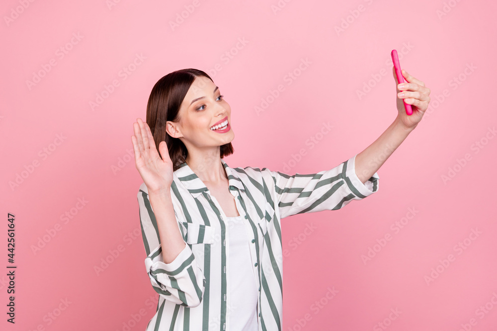 Profile photo of cool brunette millennial lady do selfie wear white shirt isolated on pink color background Profile photo of cool brunette millennial lady do selfie wear white shirt isolated on pink color background