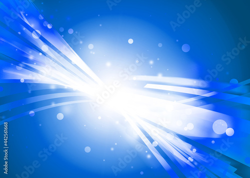 Blue wave line and sparkle rays glitter lights with bokeh elegant lens flare abstract background. wave sparks background.