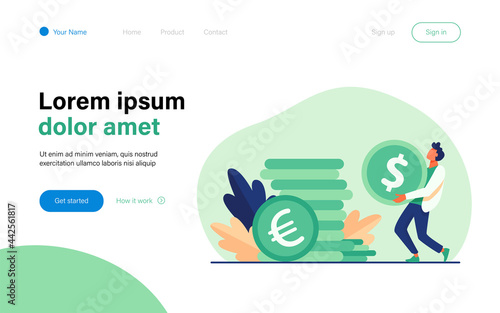 Tiny guy carrying huge gold coin. Dollar, cash, money flat vector illustration. Finance and banking concept for banner, website design or landing web page