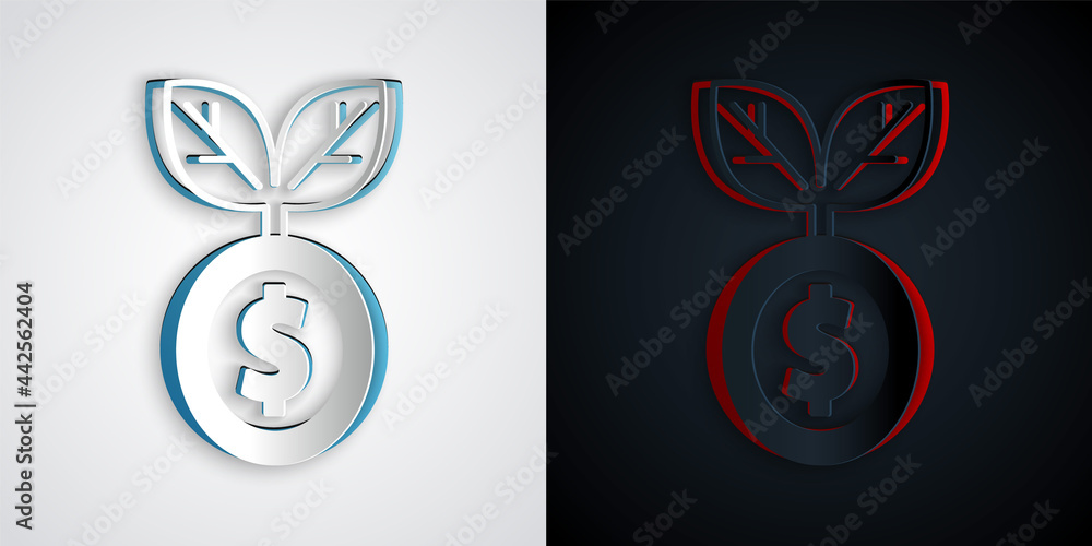 Paper cut Dollar plant icon isolated on grey and black background. Business investment growth concept. Money savings and investment. Paper art style. Vector Paper cut Dollar plant icon isolated on grey and black background. Business investment growth concept. Money savings and investment. Paper art style. Vector
