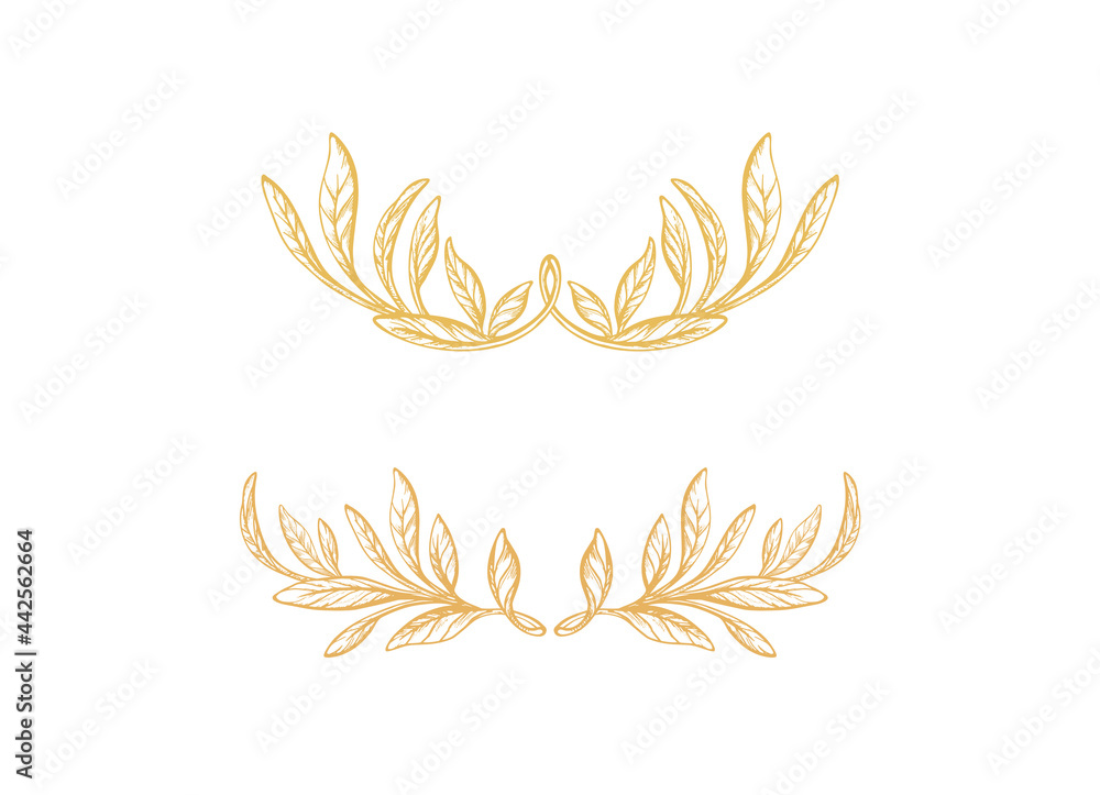 Set of crown. Hand drawn border, olive foliage Set of crown. Hand drawn border, olive foliage