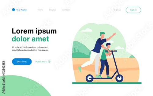 Young father riding on electric scooter with son. Family, landscape, park flat vector illustration. Activity and summer vacation concept for banner, website design or landing web page