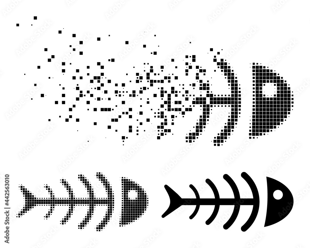 Fragmented pixelated dead fish pictogram with halftone version. Vector ...