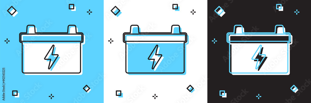 Set Car battery icon isolated on blue and white, black background. Accumulator battery energy power and electricity accumulator battery. Vector Set Car battery icon isolated on blue and white, black background. Accumulator battery energy power and electricity accumulator battery. Vector